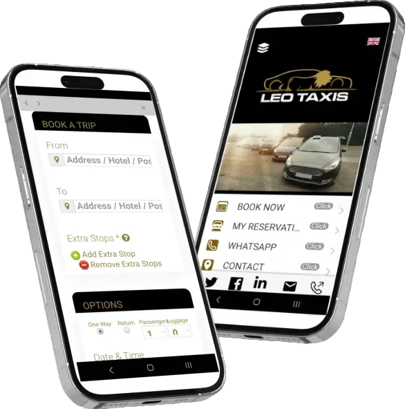 a couple of cell phones with a screen showing a taxi Leo Taxis