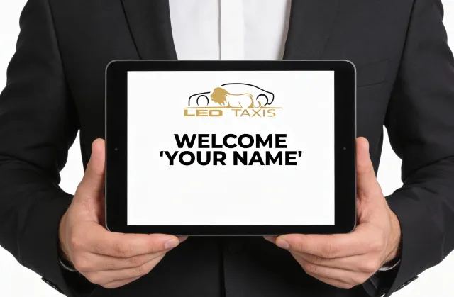 Leo Taxis driver holding name board in airport arrivals &mdash; Taunton
