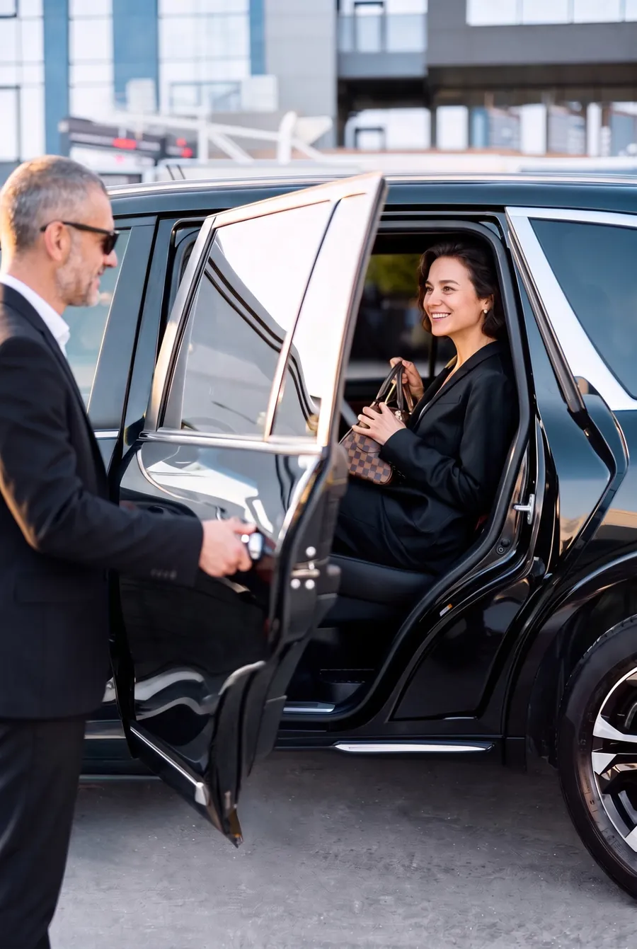 Leo Taxis chauffeur opening the car door for a smiling passenger outside an airport terminal