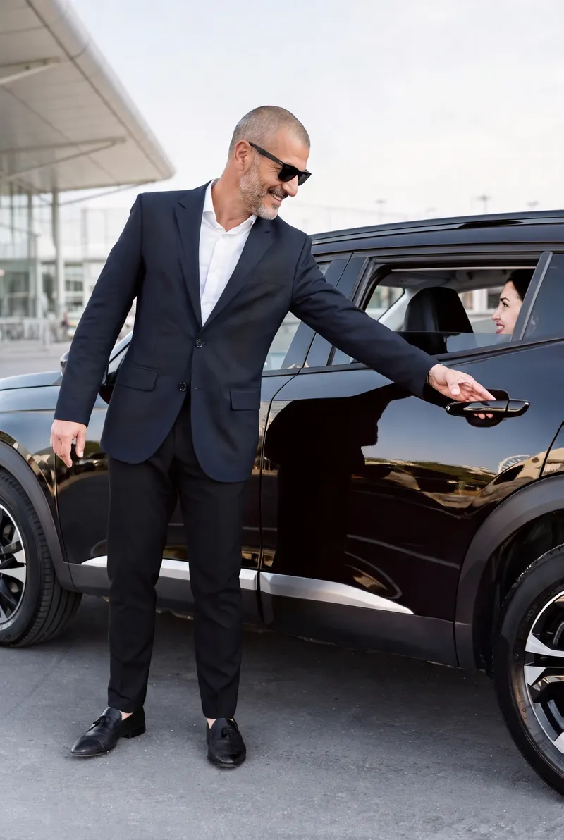 Leo Taxis driver opening the car door for a passenger outside an airport terminal