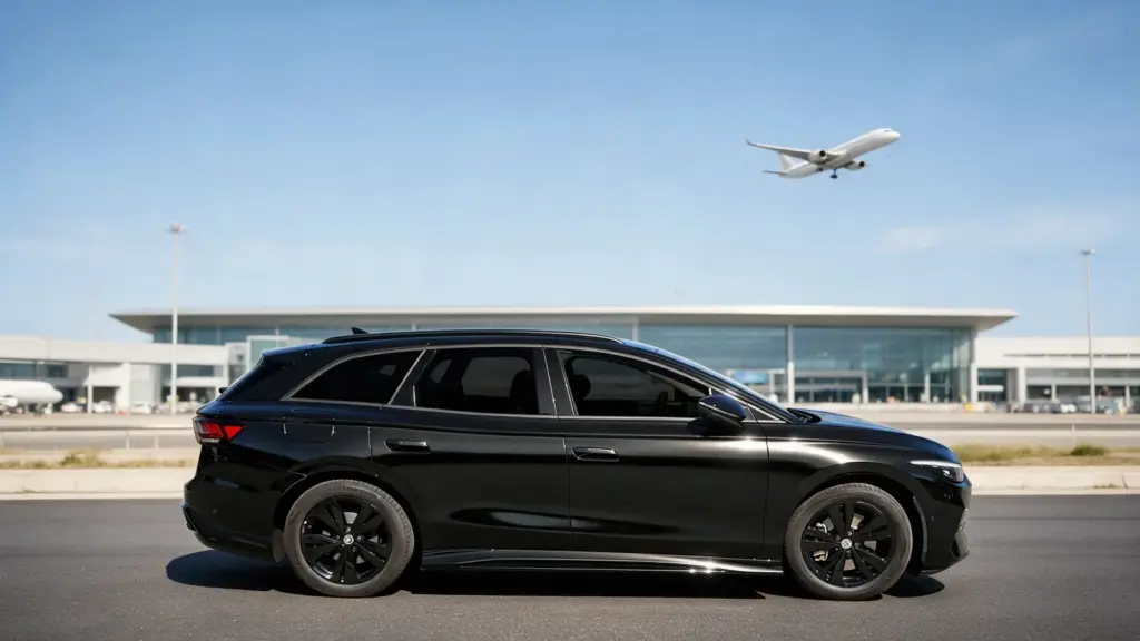Leo Taxis electric estate car outside an airport terminal for airport transfers from Chard