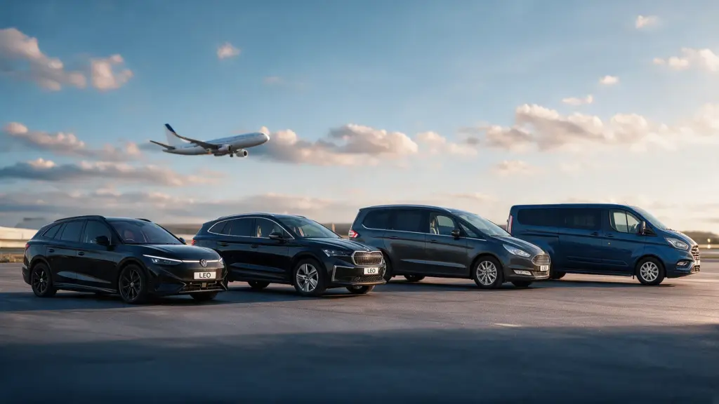 Leo Taxis fleet of four vehicles at an airport: estate, SUV, MPV and 8-seater, for airport transfers from Chard