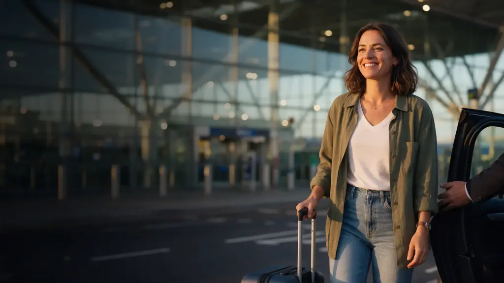 Smiling traveller stepping out of a car at an airport terminal, ready for an airport transfer from Chard