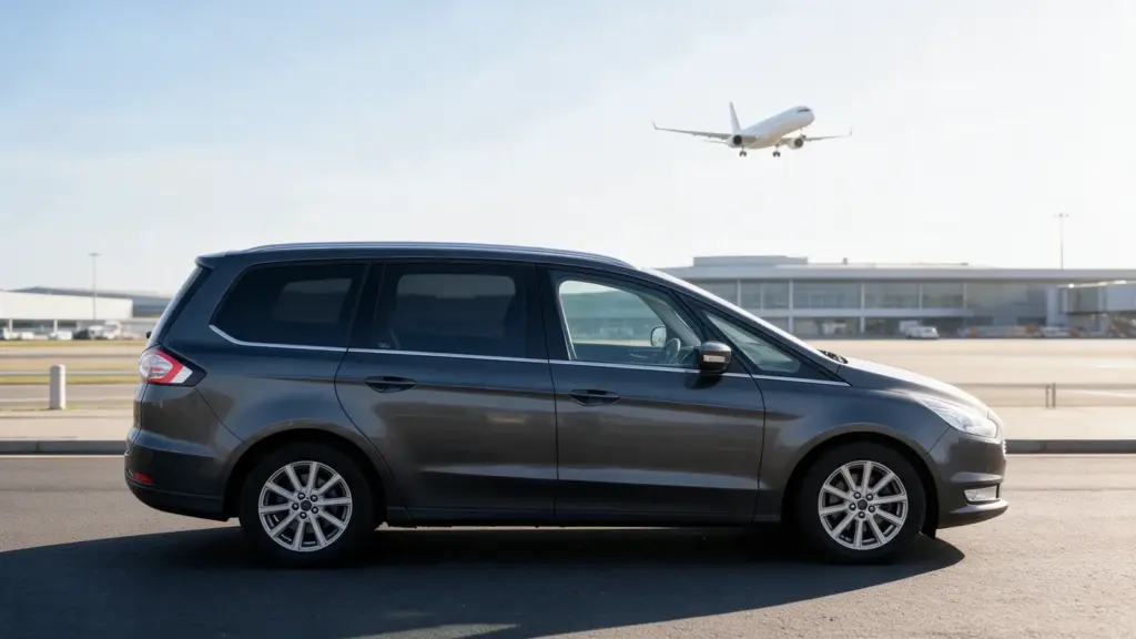 Leo Taxis MPV outside an airport terminal for airport transfers from Chard