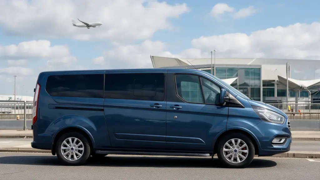 Leo Taxis people carrier outside an airport terminal for airport transfers from Chard