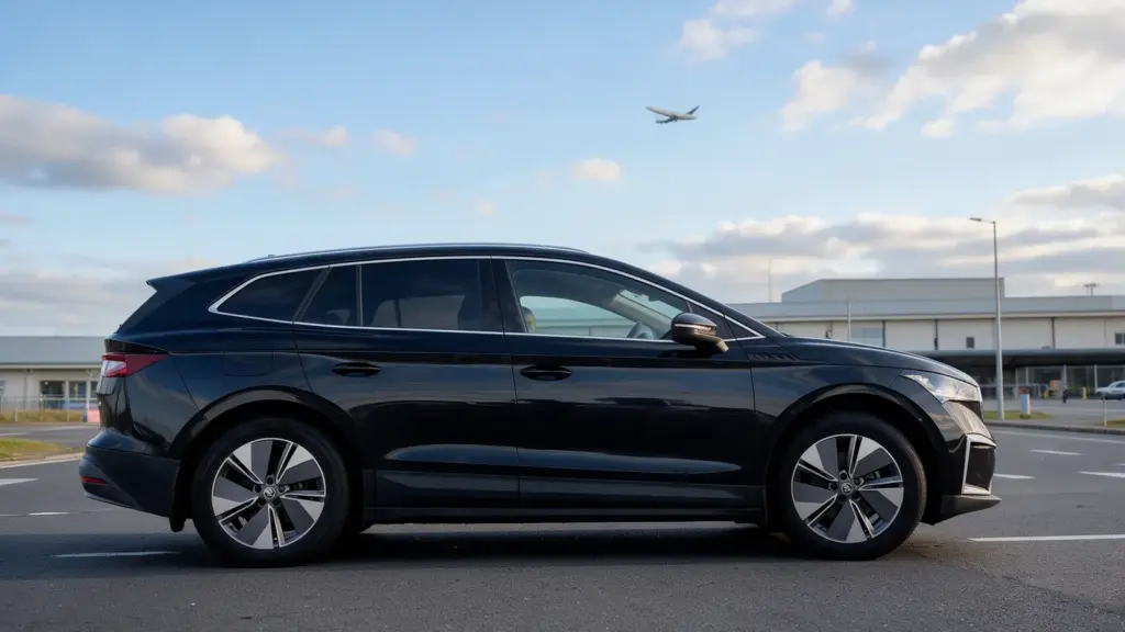 Leo Taxis black electric SUV outside an airport terminal for airport transfers from Chard
