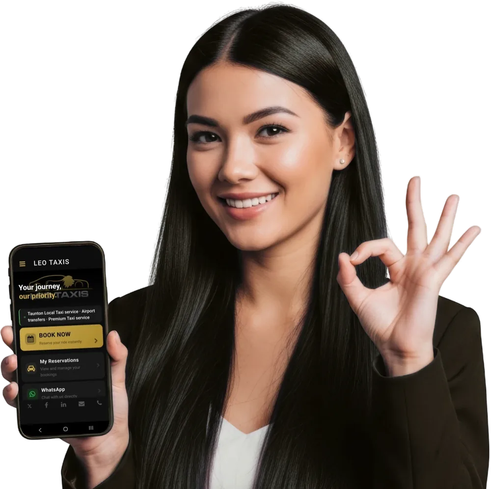 Smiling woman holding a phone showing the Leo Taxis app and making an OK sign